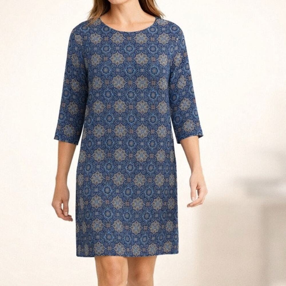 Garnet Hill Size 2 Silk Shift Dress 3/4 Sleeve Blue Medallion Print